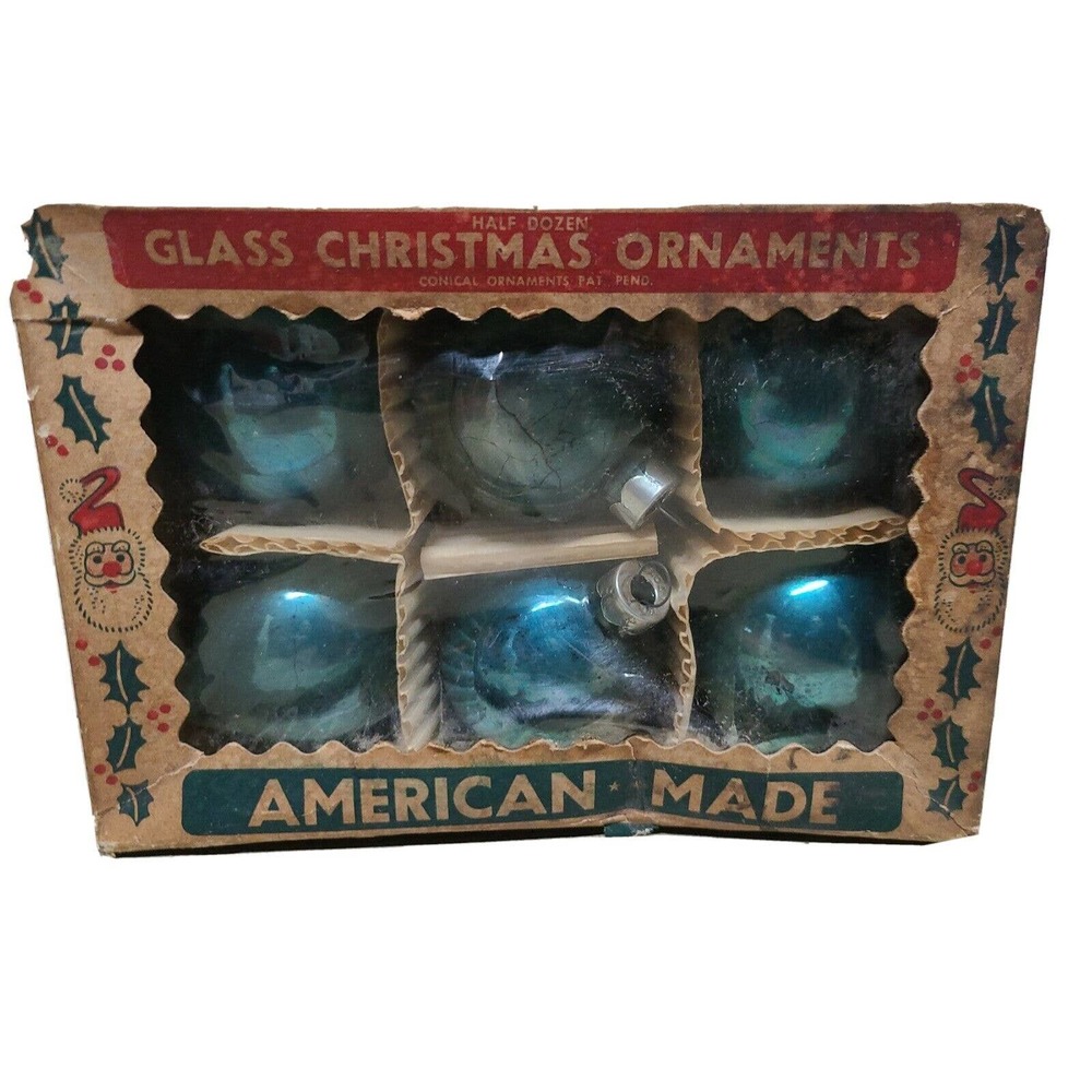Vintage Box of 6 Paragon Glass Christmas Ornaments American Made